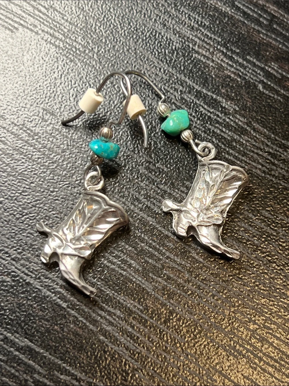 Vintage Southwestern Silver Turquoise Chip Cowboy Cowgirl Boot Dangle Earrings
